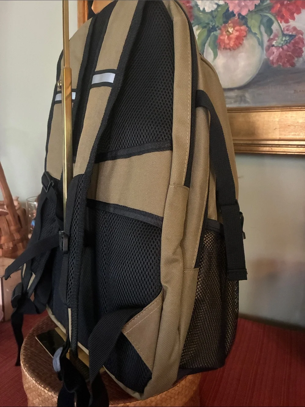 NRA Tactical Backpack Multi-Pocket in tan with black accent panels, EST 1871